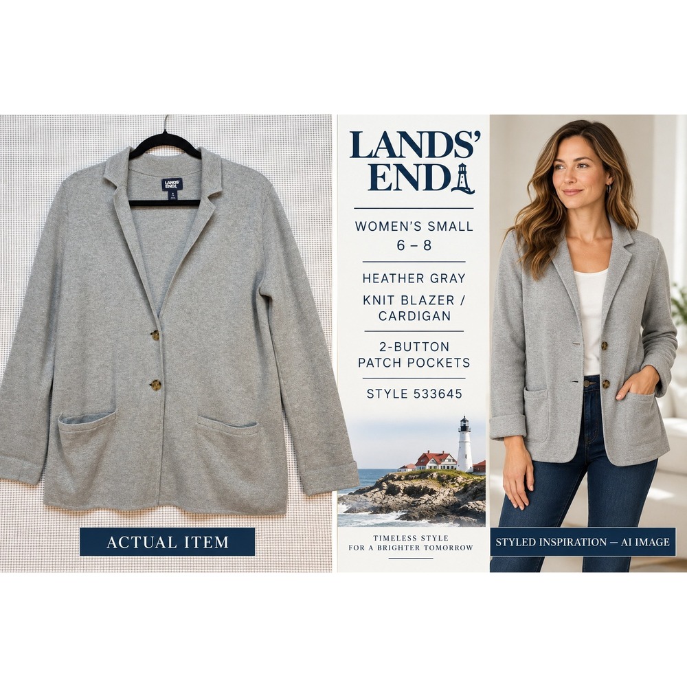 Lands' End Women's Knit Blazer Sweater Small 6-8 Gray Heather Fine Gauge Cotton
